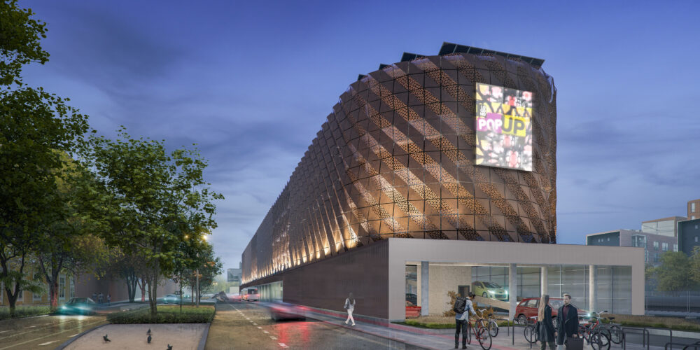 Asema- ja pysäköintirakennuksen havainnekuva.