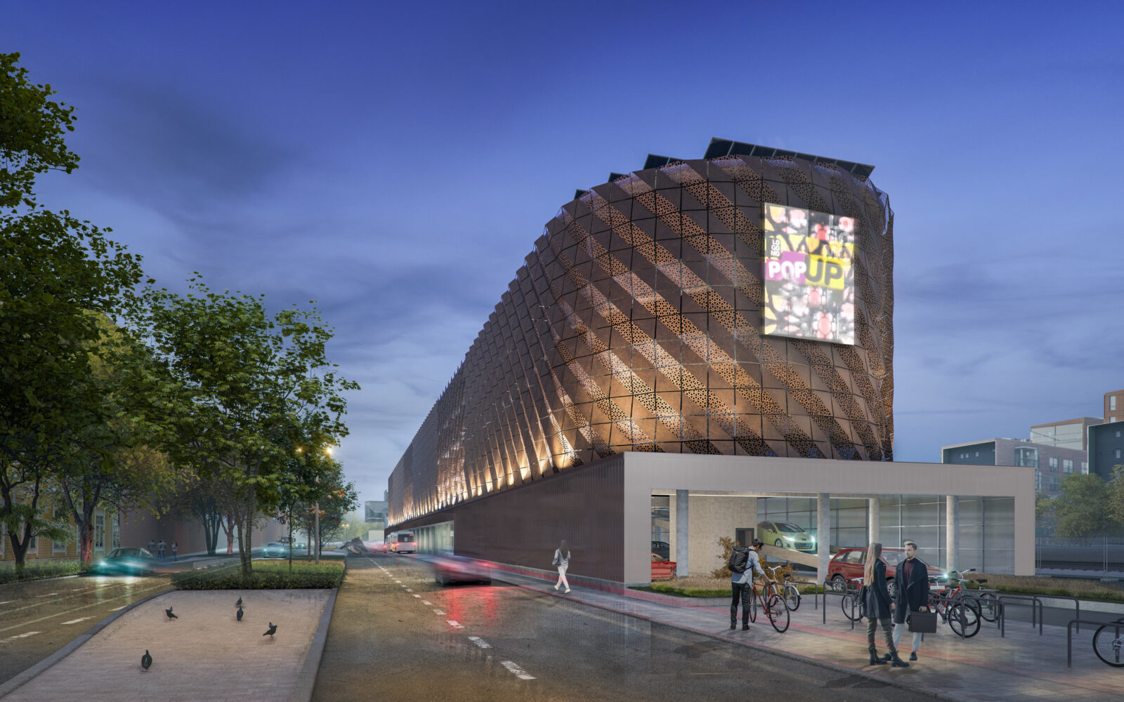 Asema- ja pysäköintirakennuksen havainnekuva.